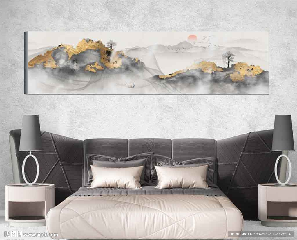 新中式金色山水国画床头画
