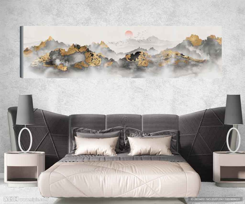 新中式金色山水国画床头画