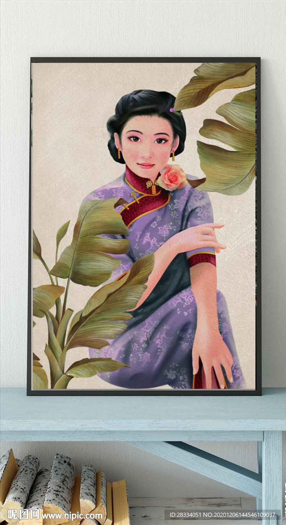 新中式民国风植物美女玄关装饰画