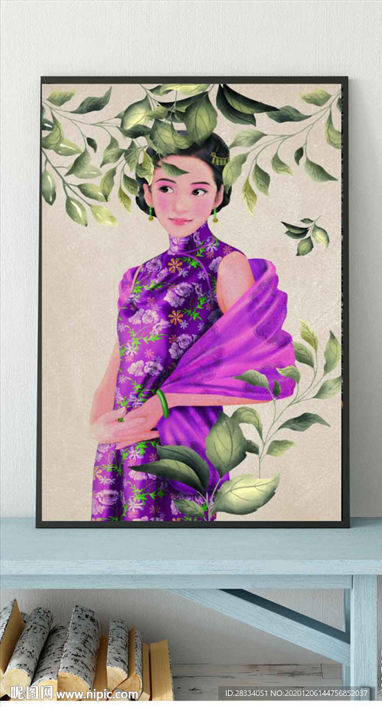 新中式民国风植物美女玄关装饰画