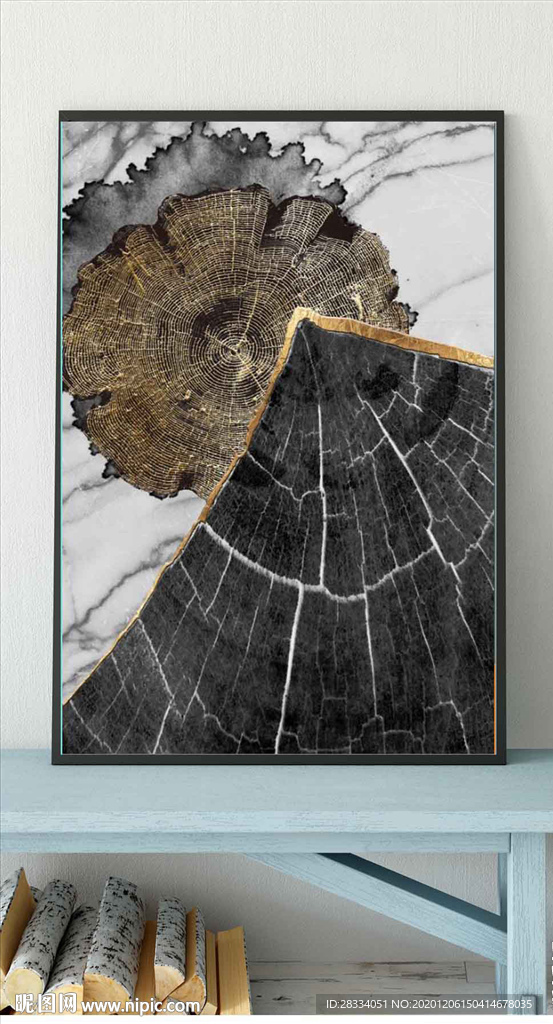 现代烁金水墨金色年轮木纹装饰画