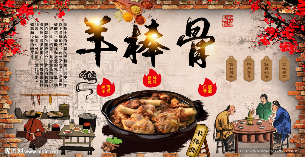 羊棒骨饭店背景墙装饰画