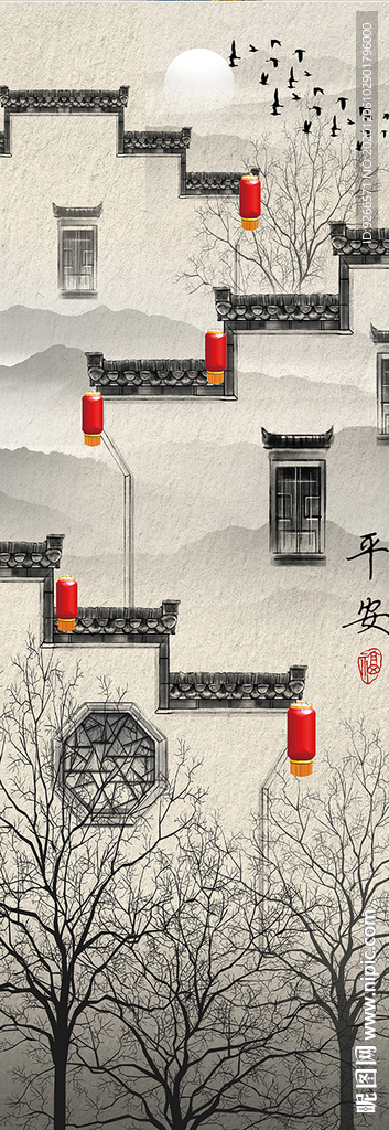 中式民俗古风玄关屏风装饰画