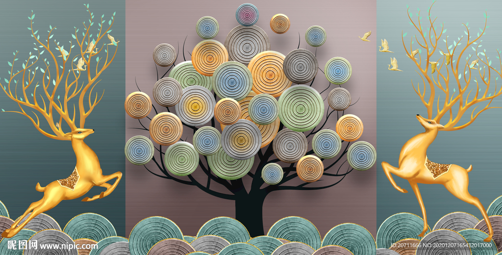 麋鹿装饰画三联