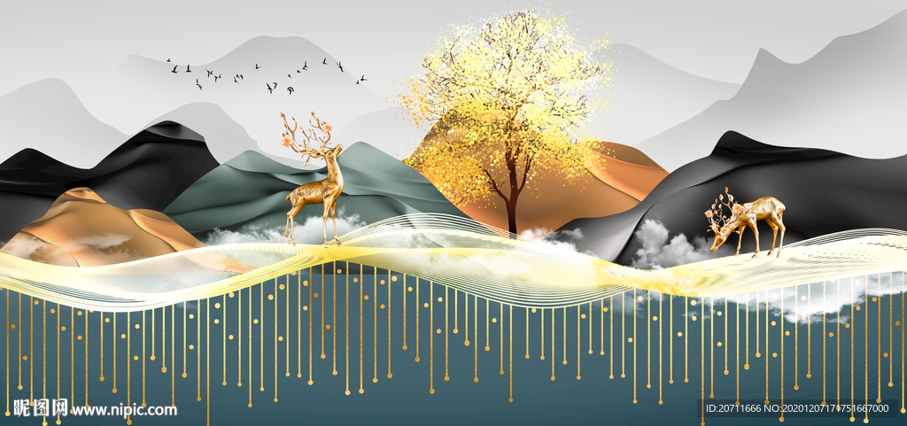 麋鹿山水装饰画挂画