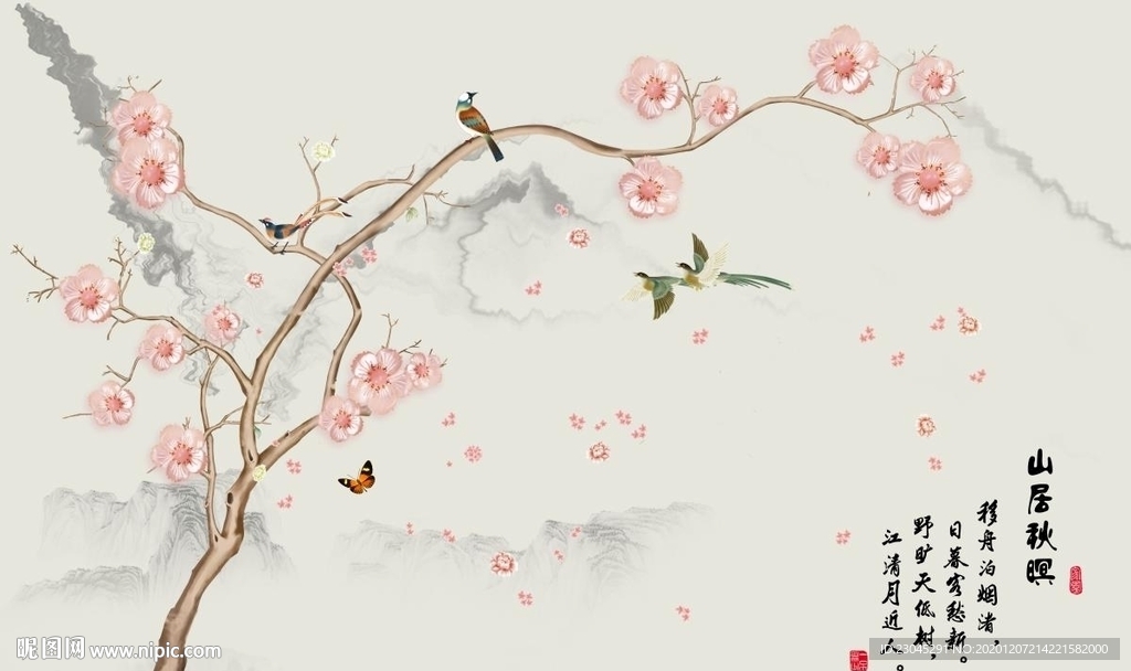 山水梅花背景墙
