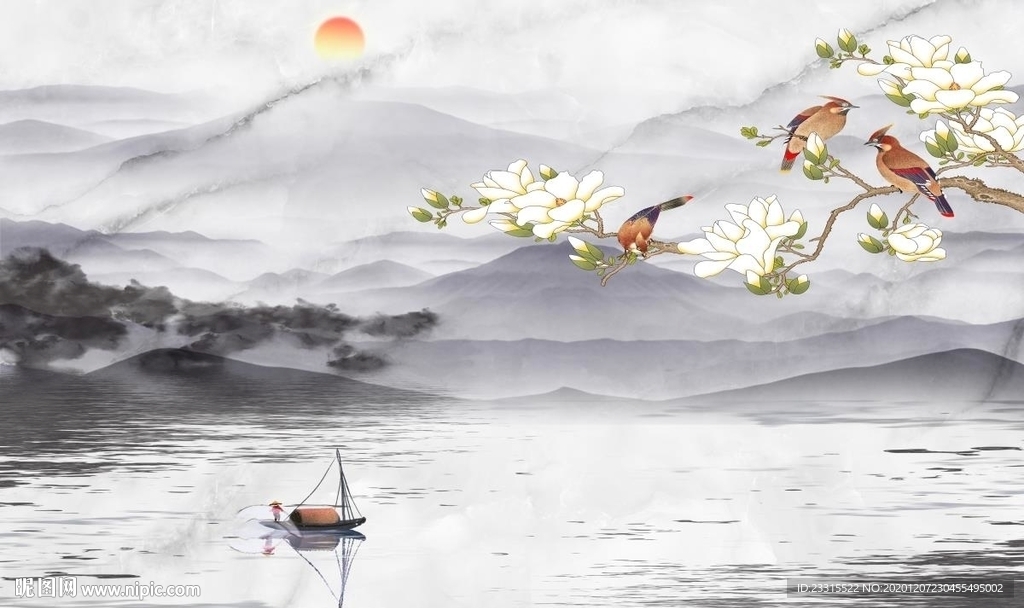 旭日东升水墨山水兰花背景墙