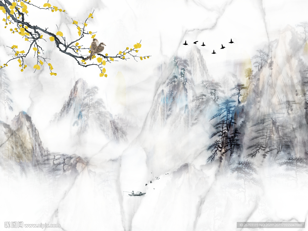 新款爆款山水意境水墨背景墙