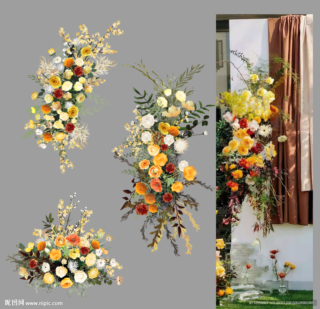 橙黄色婚礼手绘花艺