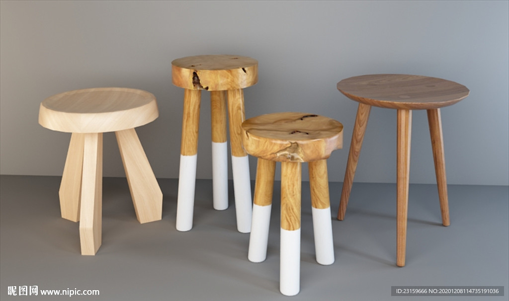 一组天然木材凳子模型