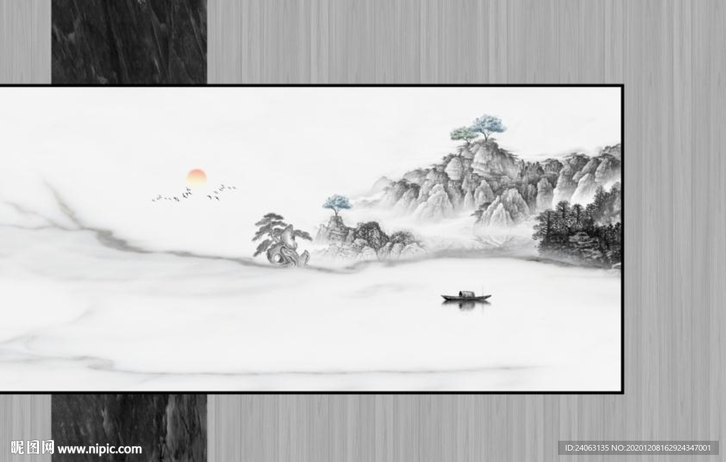 现代大理石纹水墨山水木栅组合背