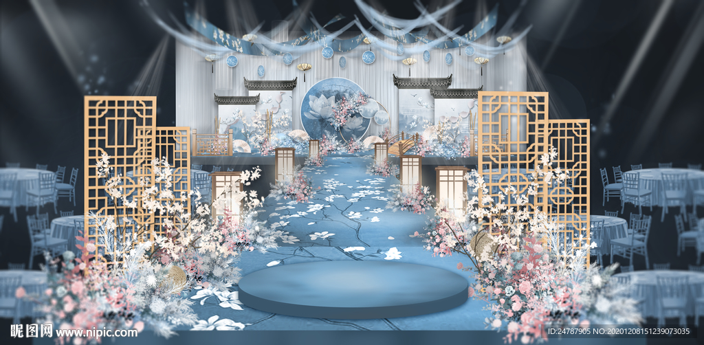 粉蓝江南风新中式婚礼效果图