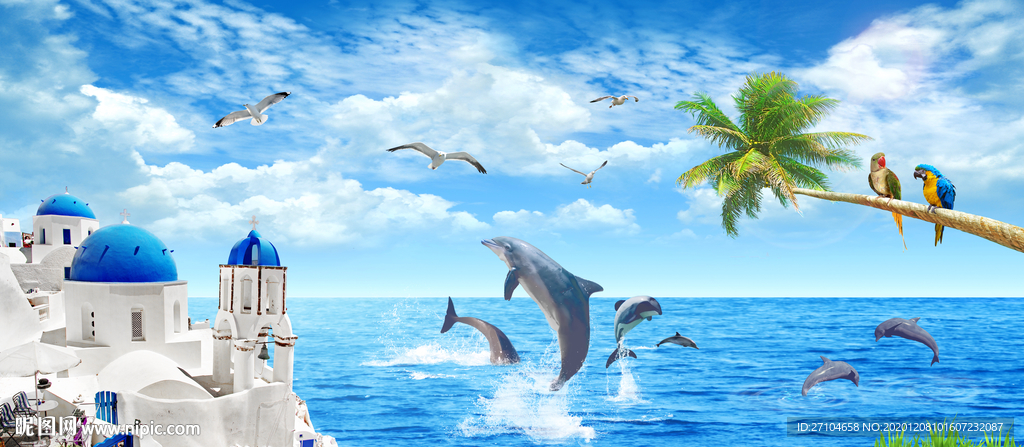 海边沙滩海豚椰树背景墙