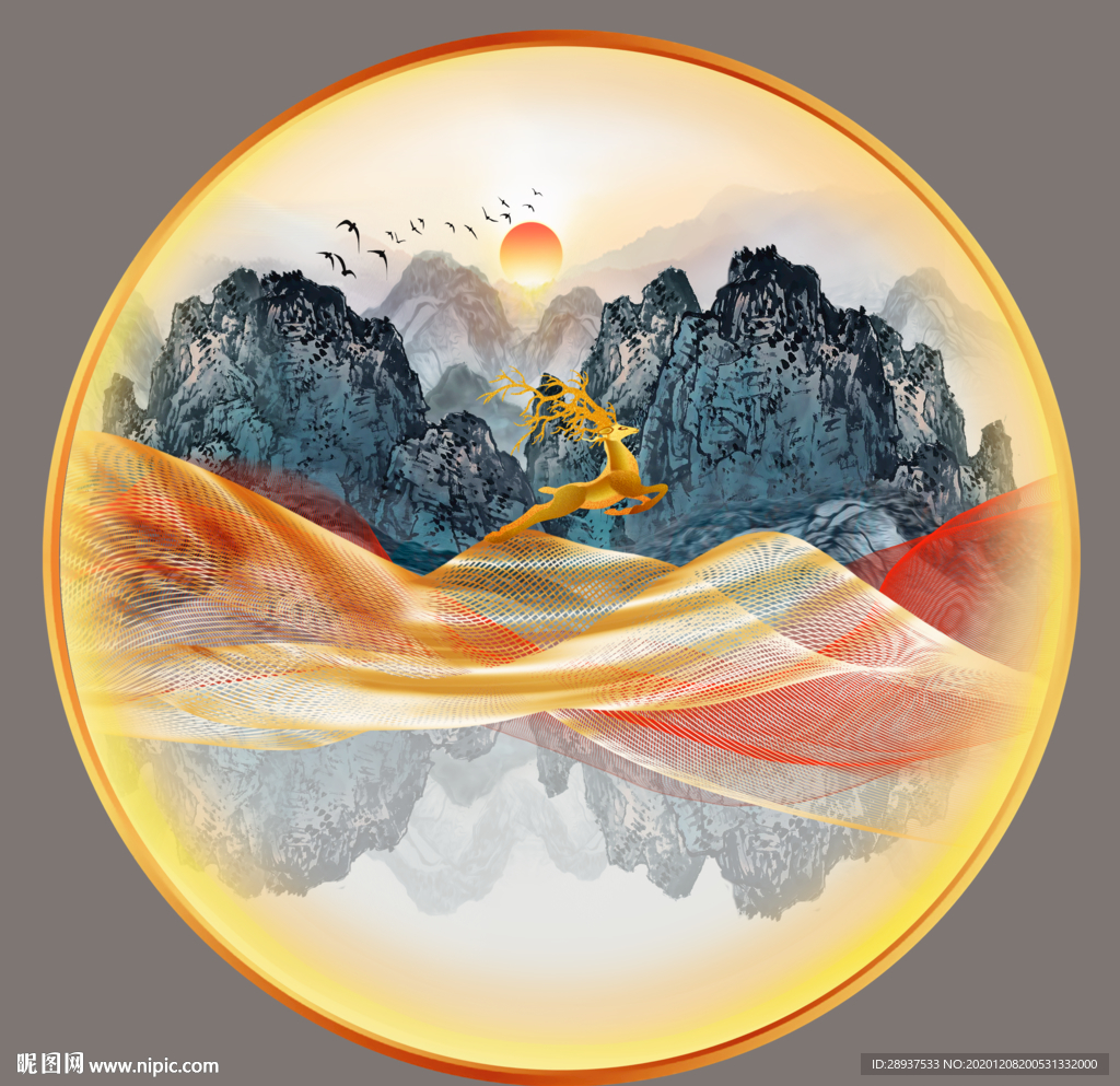 原创圆型水墨山水梅花鹿装饰画