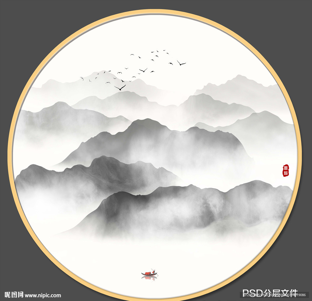 圆形山水画禅意山水意境山水