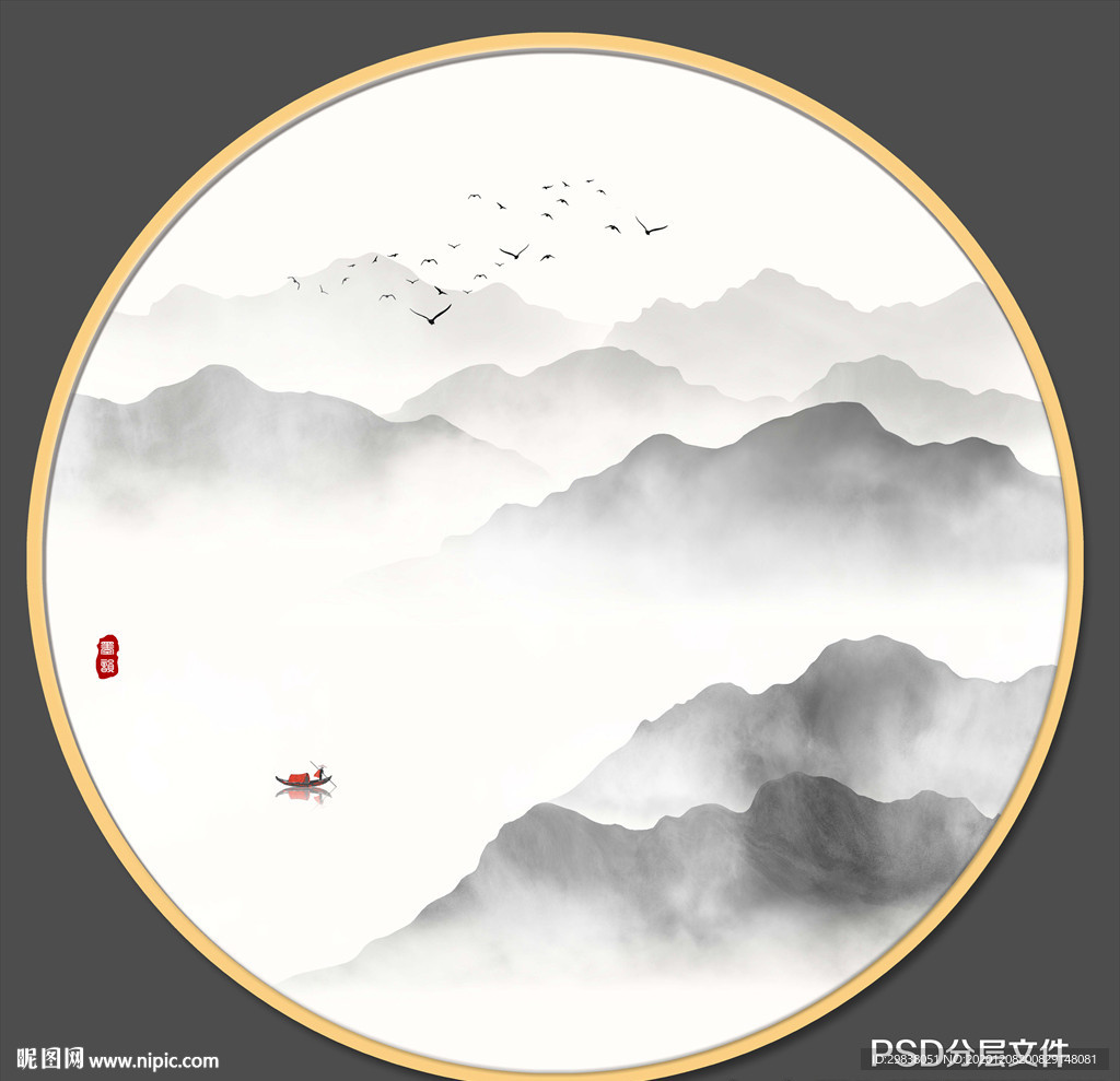 圆形山水画禅意山水意境山水