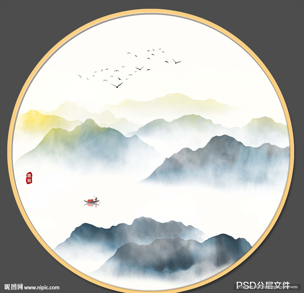 圆形山水画禅意山水意境山水