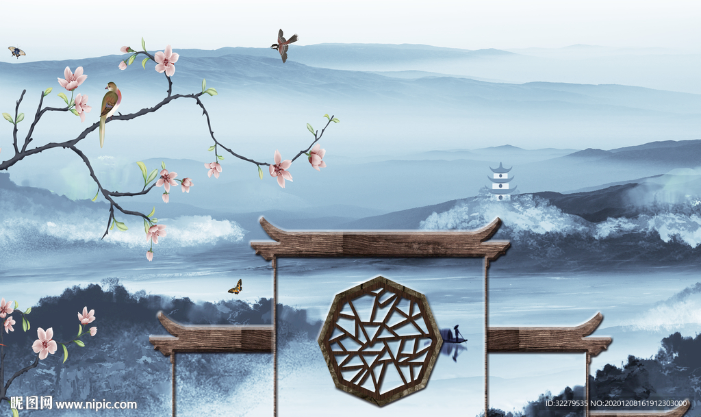 徽派大气山水画 文件分层画