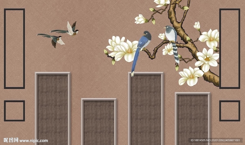 白玉兰花开新中式背景墙