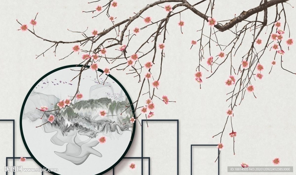 红梅花新中式山水背景墙