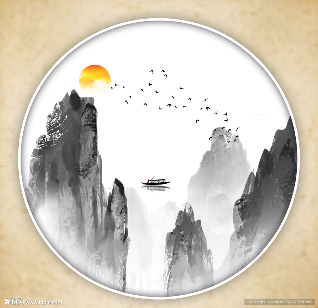 圆形山水画禅意山水意境山水