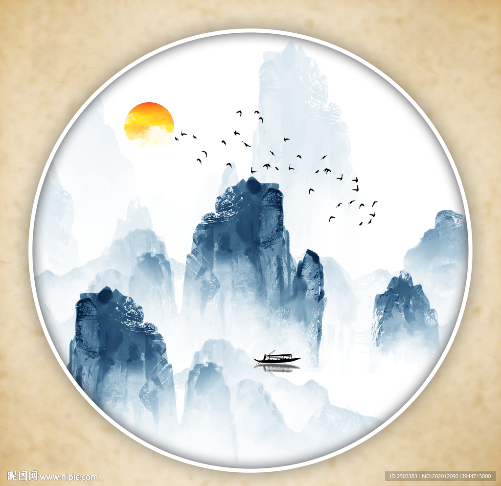 圆形山水画禅意山水意境山水