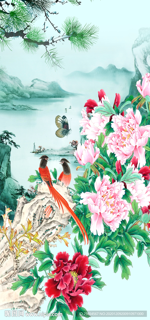 中式工笔花鸟牡丹颂玄关