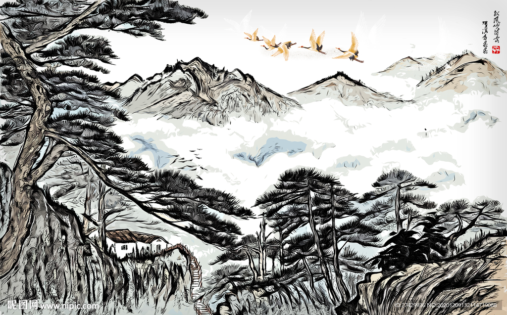 国风水墨山水大型中式背景墙壁画