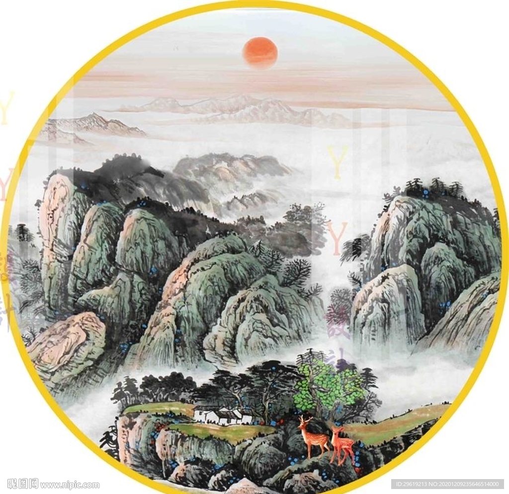 新中式意境圆形山水装饰画