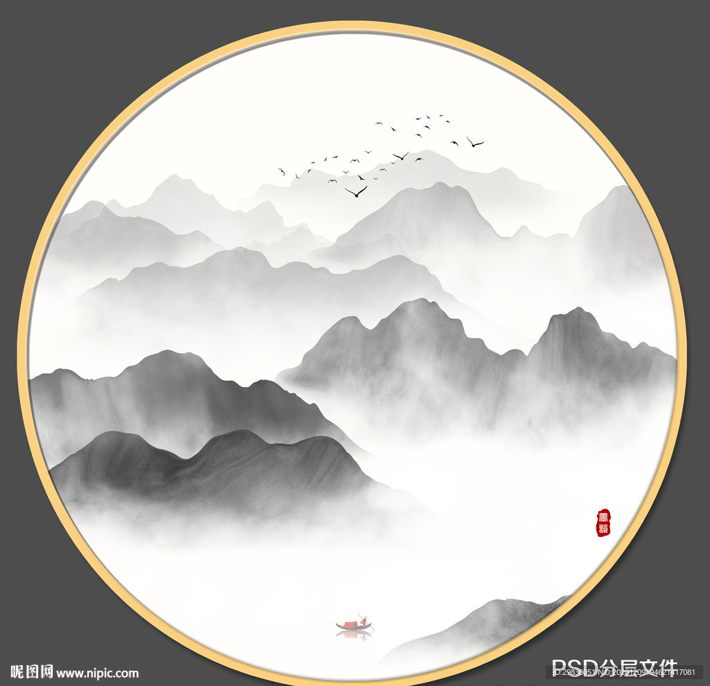 圆形山水画禅意山水意境山水