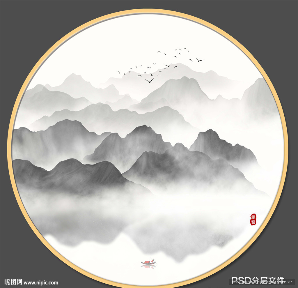 圆形山水画禅意山水意境山水