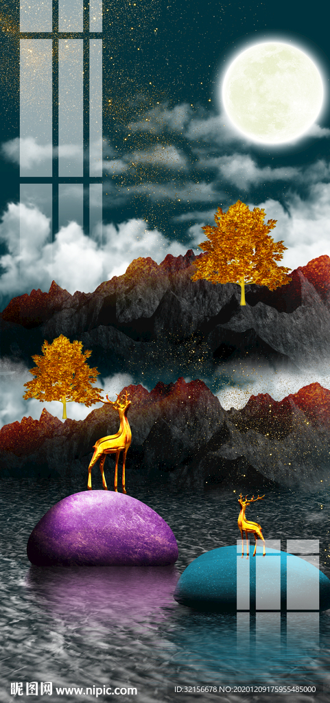 发财树麋鹿玄关装饰画