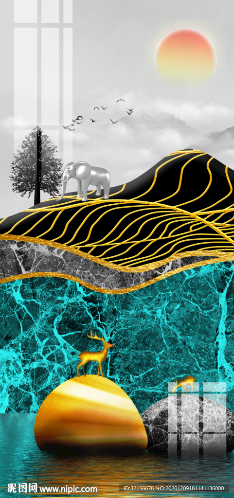 石来运转麋鹿山水装饰画