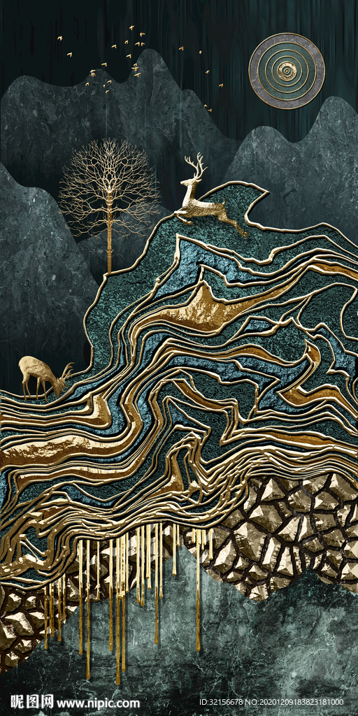珐琅彩麋鹿发财树装饰画