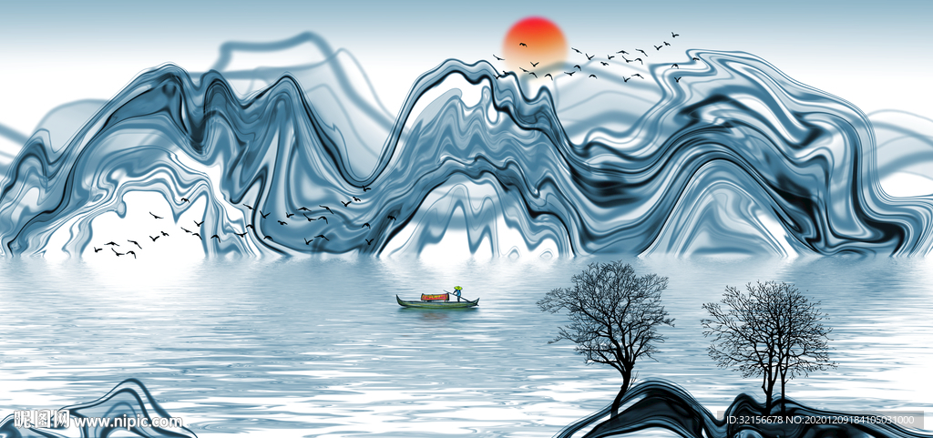 新中式水墨山水玄关装饰画