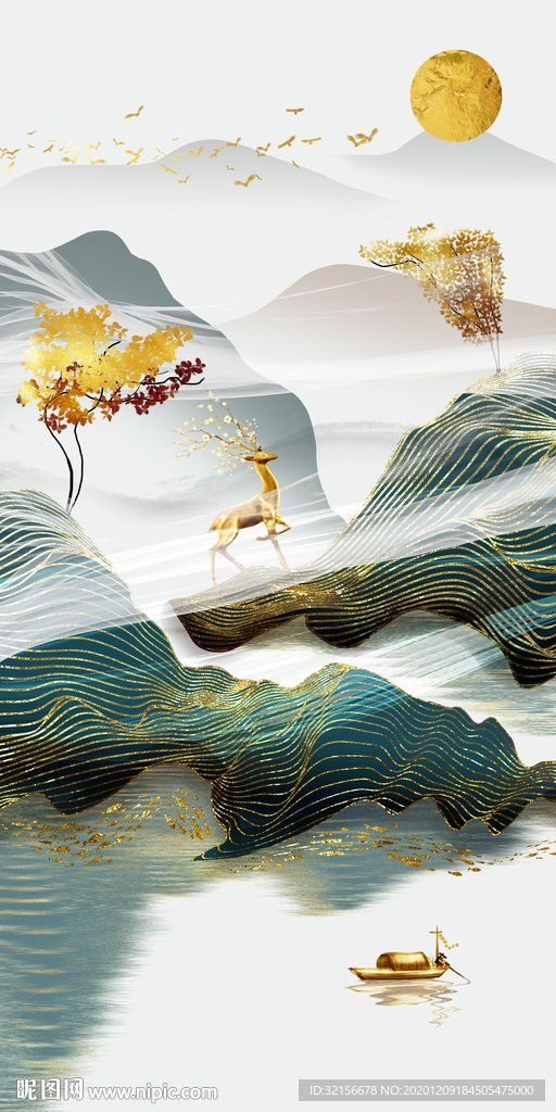 麋鹿发财树玄关装饰画