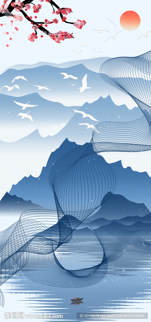 新中式线条水墨风山水画装饰画