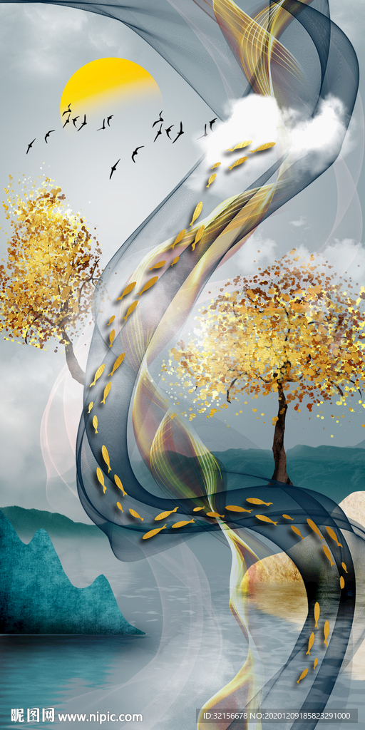 水墨山水线条现代简约客厅装饰画