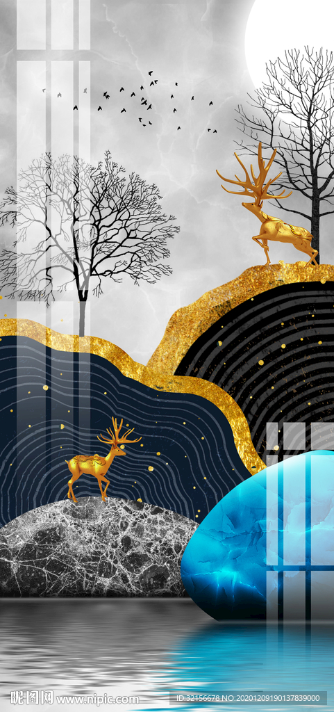 麋鹿风景玄关装饰画