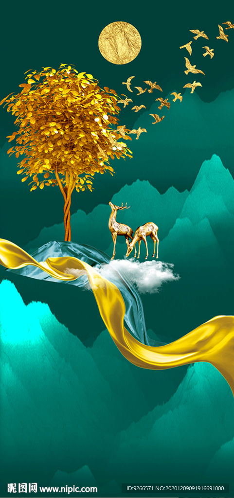 石来运转麋鹿山水抽象玄关装饰画