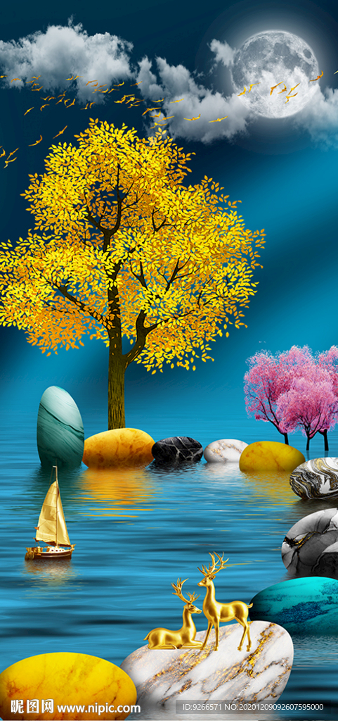 石来运转麋鹿山水抽象玄关装饰画