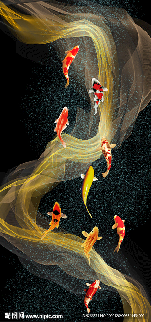 九鱼图轻奢抽象玄关晶瓷画装饰画