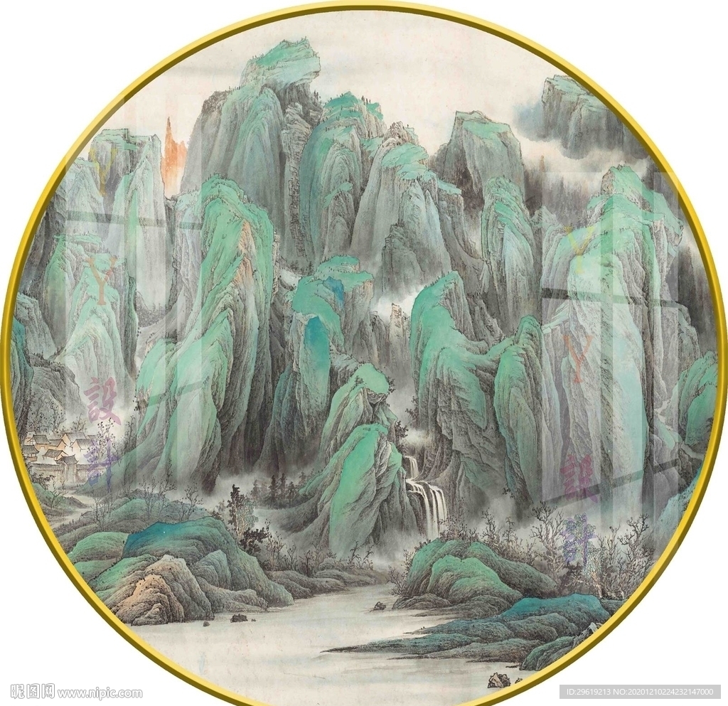 新中式水墨意境山水圆形装饰画图