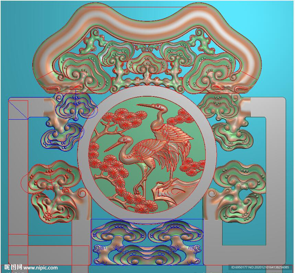 镂空灵芝松鹤中堂椅子靠背精雕图
