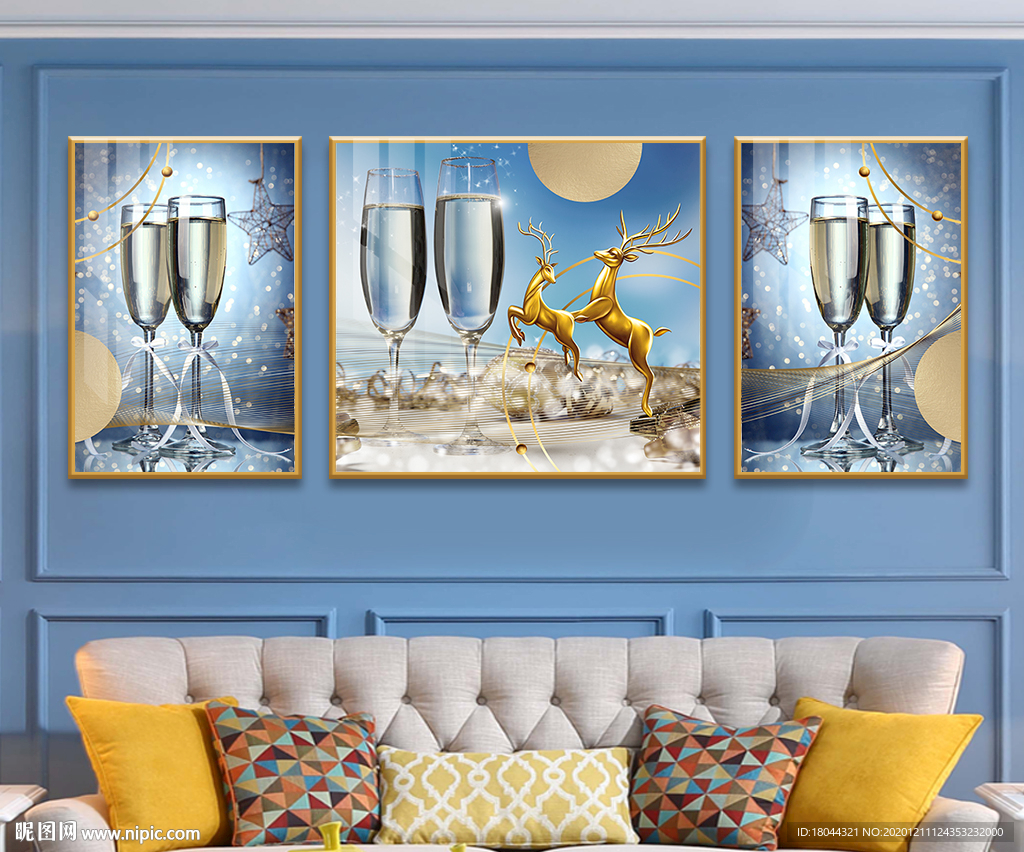 轻奢麋鹿蓝色酒杯餐厅装饰画