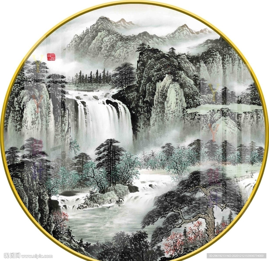 新中式水墨意境山水圆形装饰画