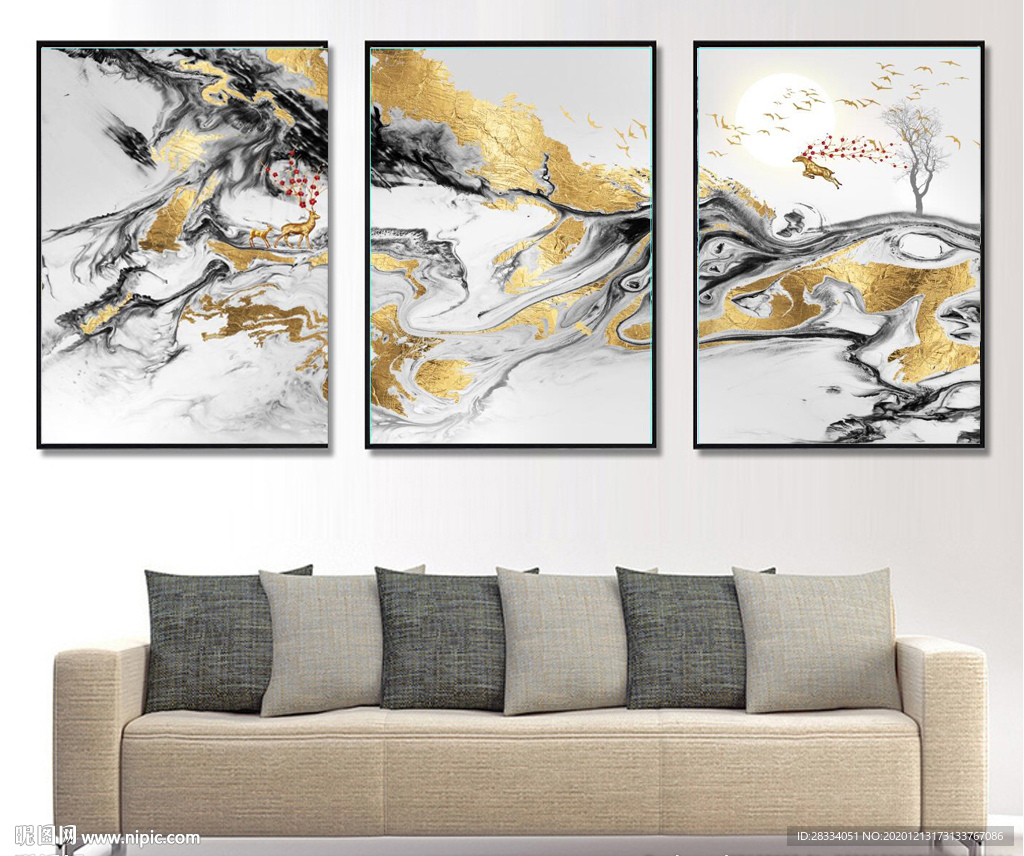 新中式烁金抽象麋鹿山水装饰画