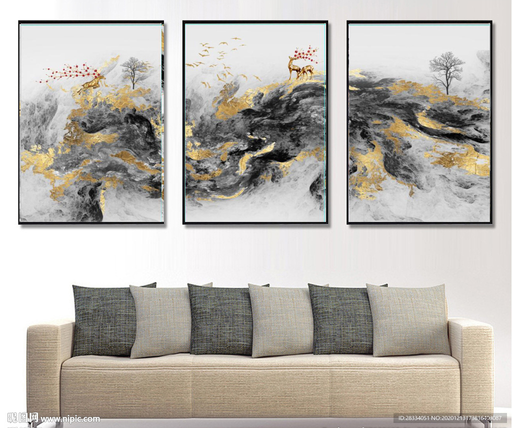 新中式烁金抽象麋鹿山水装饰画