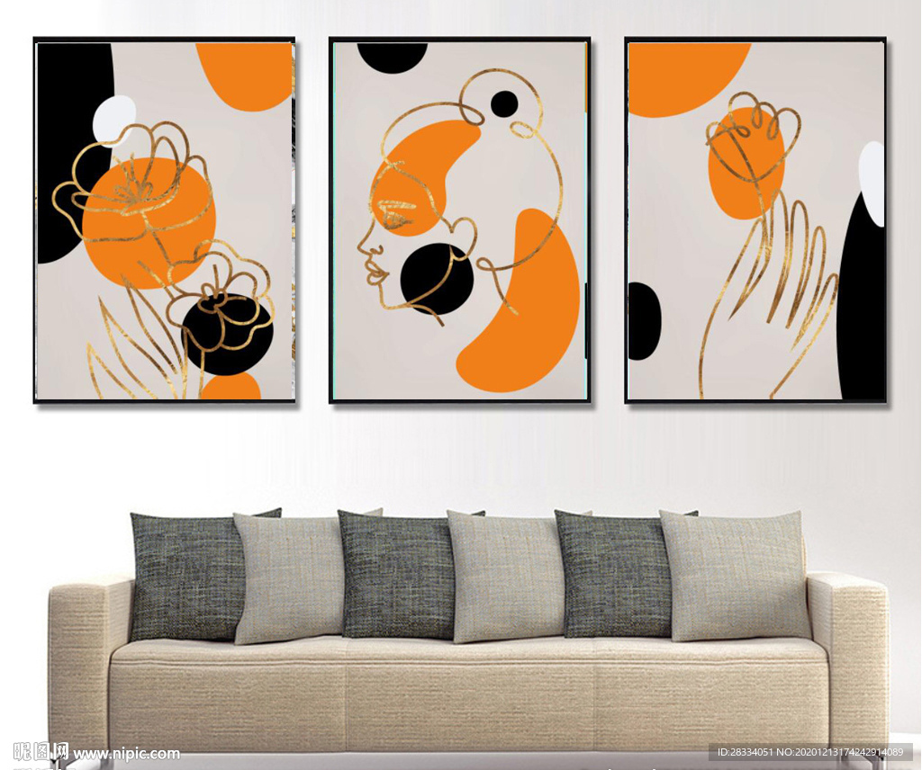 现代爱马仕金色线条美女装饰画