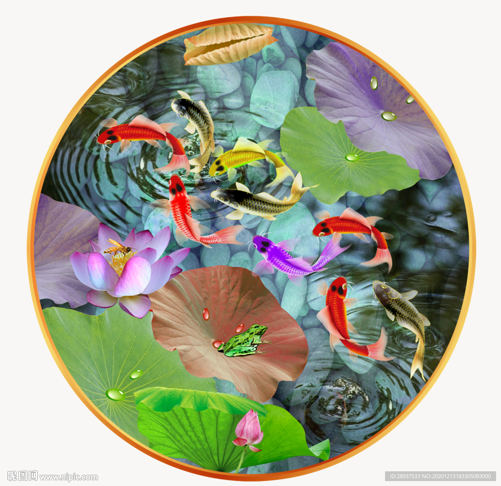 原创圆型荷花九鱼装饰画